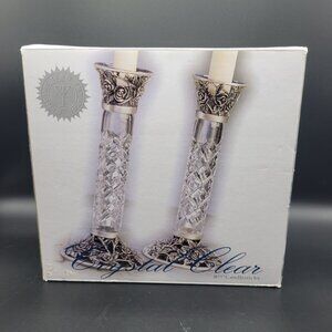 Crystal Clear Set of 2 Candlesticks Rose Design Candle Holders 8.5"
